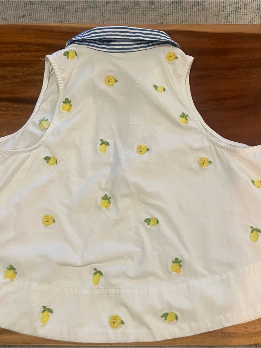 Maeve White Tank Top with Yellow Lemon Embroidery and Blue Striped Collar - Picture 3 of 4